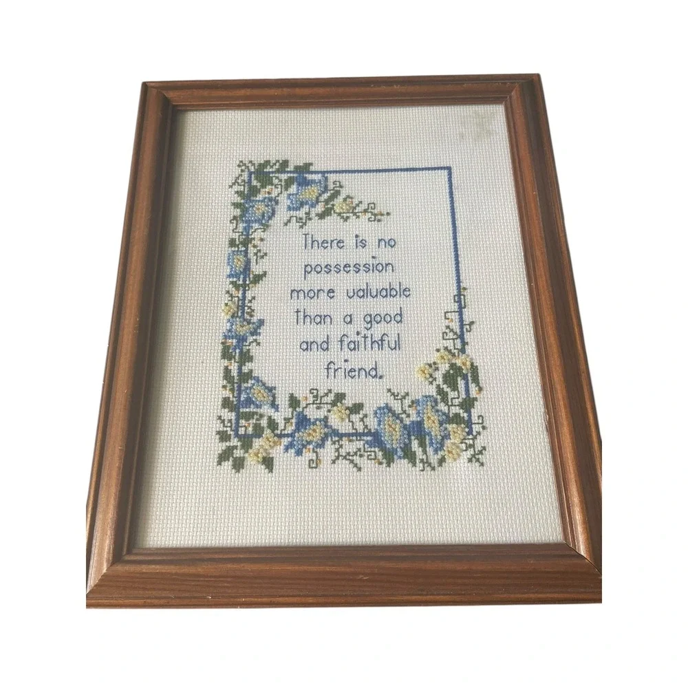 Vintage Framed‎ Beaded Cross Stitch Floral Friend Quote Cottagecore Decor